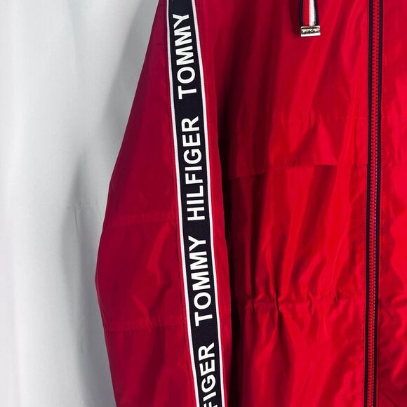 Tommy Hilfiger Logo Red Hooded Drawstring Waist Windbreaker Full Zip Size XL - Picture 6 of 13